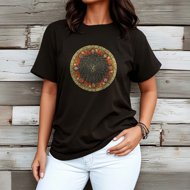 T-shirt en coton avec huit symboles de bon augure et Buddha Stones circulaires Om Mani Padme Hum