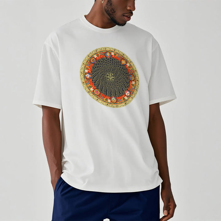 T-shirt en coton avec huit symboles de bon augure et Buddha Stones circulaires Om Mani Padme Hum