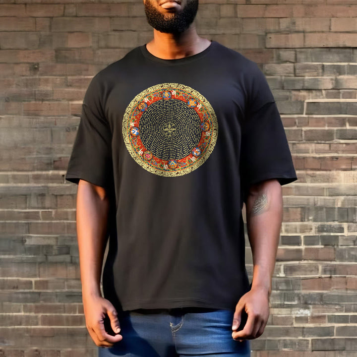 T-shirt en coton avec huit symboles de bon augure et Buddha Stones circulaires Om Mani Padme Hum