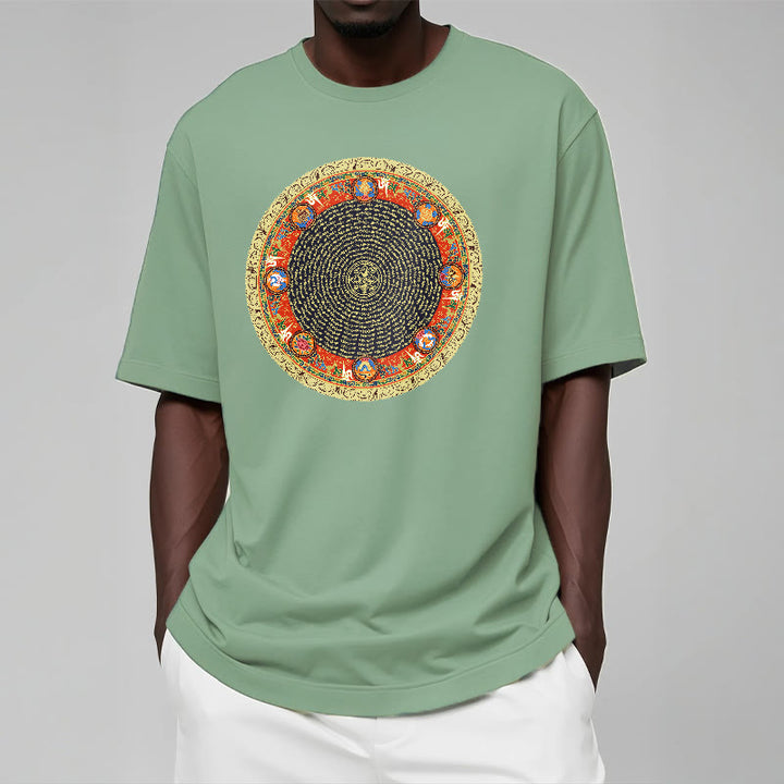T-shirt en coton avec huit symboles de bon augure et Buddha Stones circulaires Om Mani Padme Hum