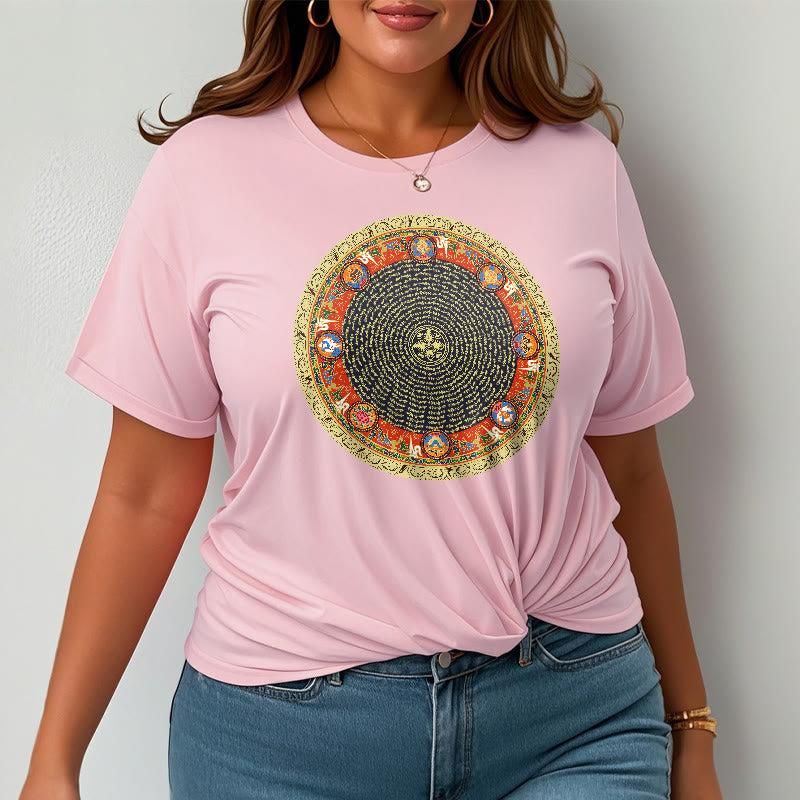 T-shirt en coton avec huit symboles de bon augure et Buddha Stones circulaires Om Mani Padme Hum