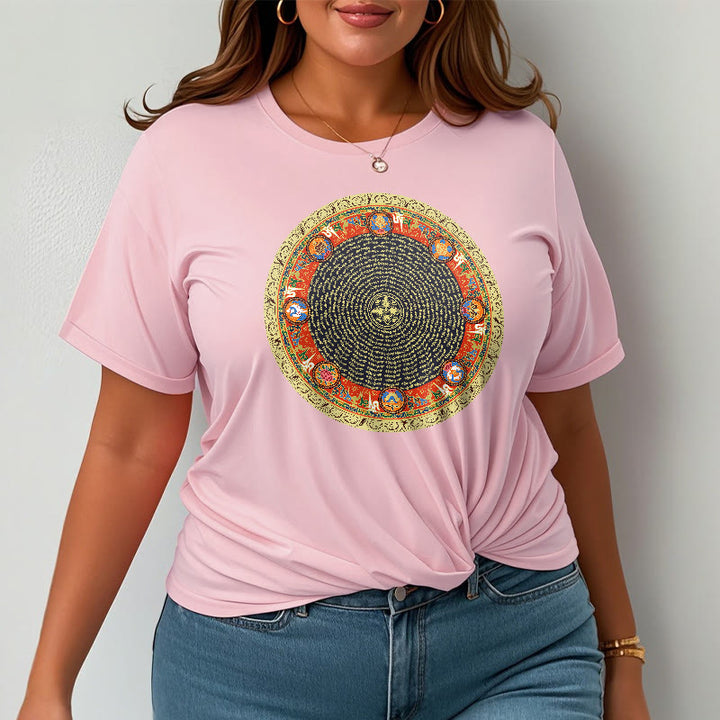 T-shirt en coton avec huit symboles de bon augure et Buddha Stones circulaires Om Mani Padme Hum