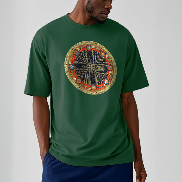 T-shirt en coton avec huit symboles de bon augure et Buddha Stones circulaires Om Mani Padme Hum