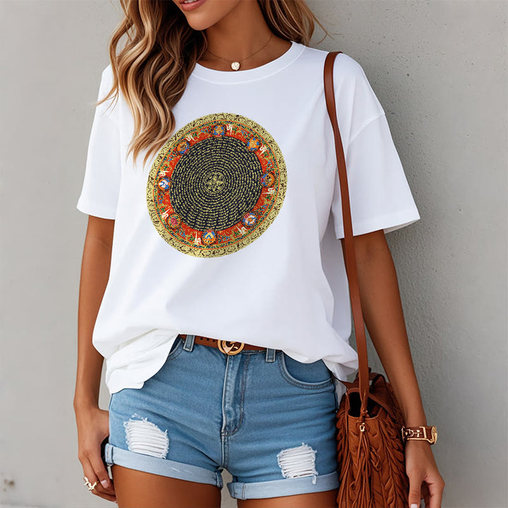 T-shirt en coton avec huit symboles de bon augure et Buddha Stones circulaires Om Mani Padme Hum