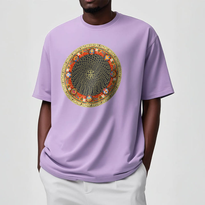 T-shirt en coton avec huit symboles de bon augure et Buddha Stones circulaires Om Mani Padme Hum