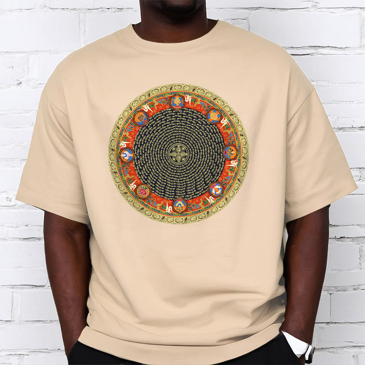 T-shirt en coton avec huit symboles de bon augure et Buddha Stones circulaires Om Mani Padme Hum
