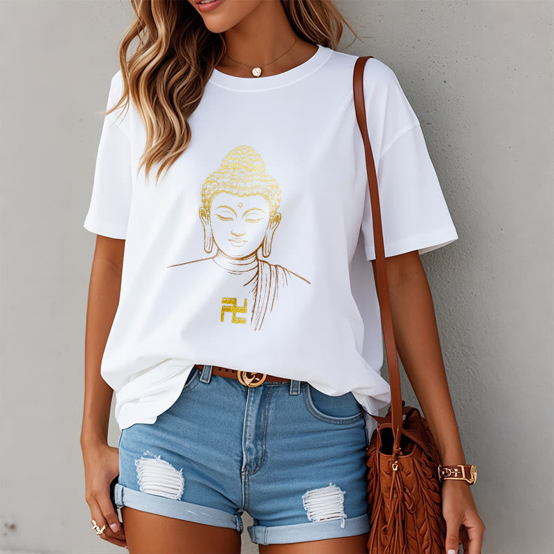 T-shirt en coton avec motif de croix gammée et Buddha Stones