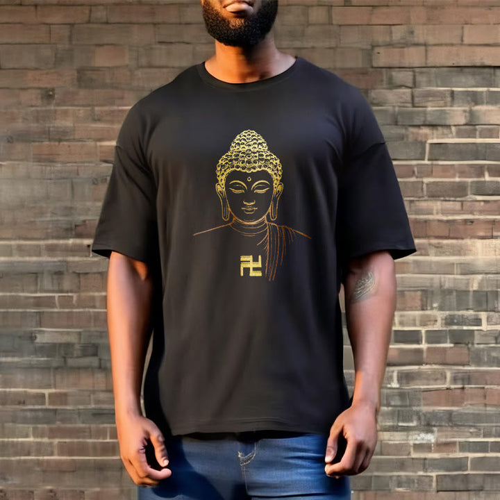 T-shirt en coton avec motif de croix gammée et Buddha Stones