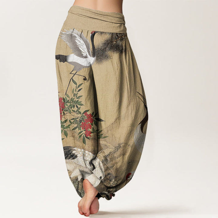 Pantalon Buddha Stones décontracté à taille élastique pour femme avec motif grue à couronne rouge et pin - image 3
