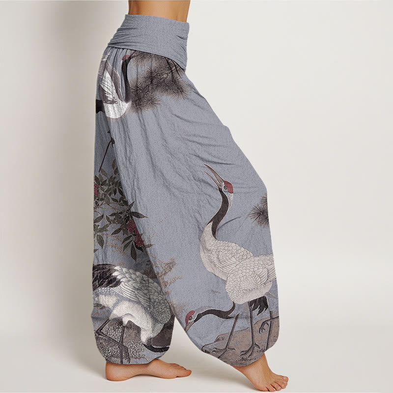 Pantalon Buddha Stones décontracté à taille élastique pour femme avec motif grue à couronne rouge et pin - image 9