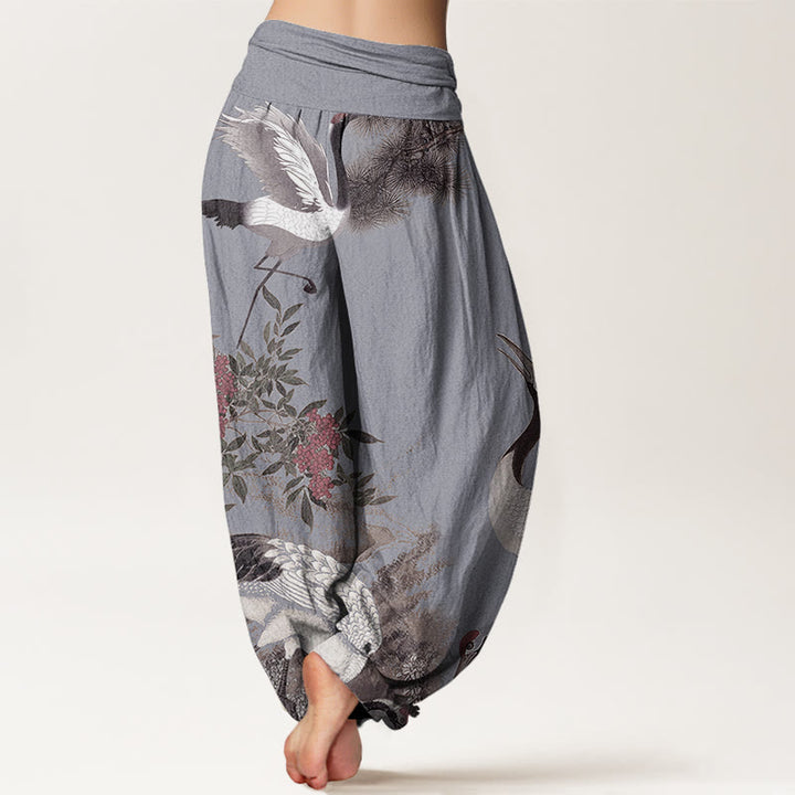 Pantalon Buddha Stones décontracté à taille élastique pour femme avec motif grue à couronne rouge et pin - image 10