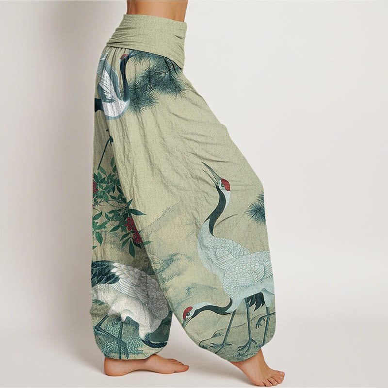 Pantalon Buddha Stones décontracté à taille élastique pour femme avec motif grue à couronne rouge et pin - image 6