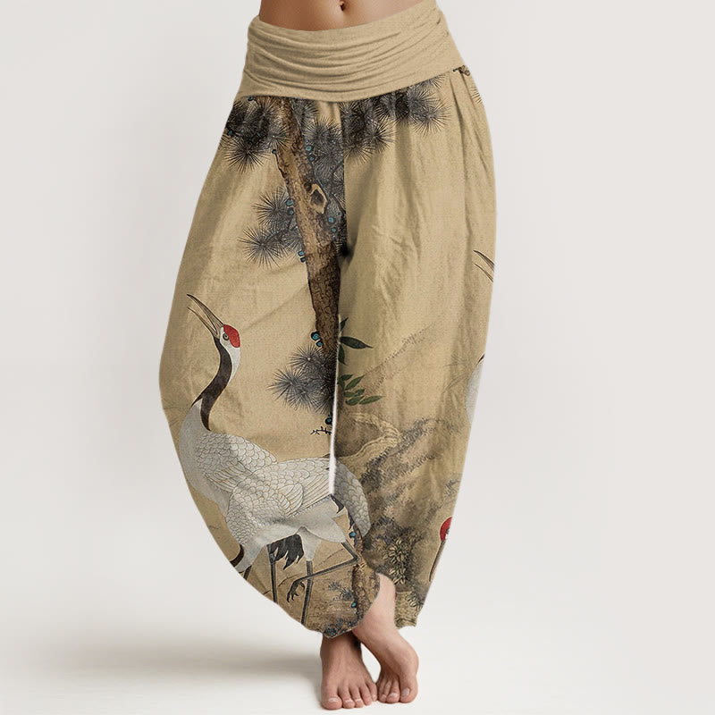 Pantalon Buddha Stones décontracté à taille élastique pour femme avec motif grue à couronne rouge et pin - Blé - US22，UK/AU26，EU54 (6XL) - image 1