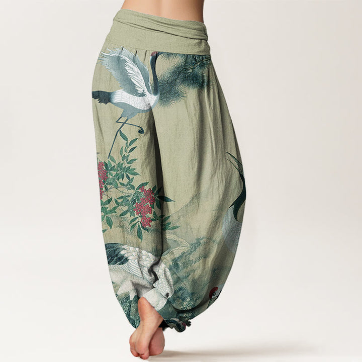 Pantalon Buddha Stones décontracté à taille élastique pour femme avec motif grue à couronne rouge et pin - image 7