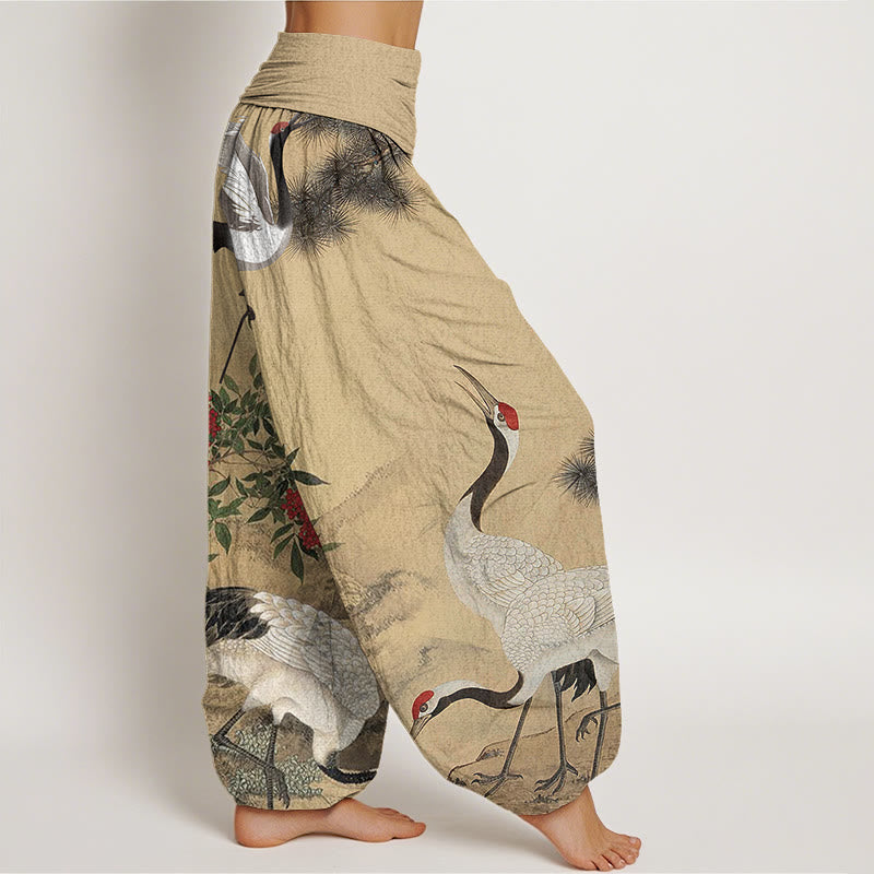 Pantalon Buddha Stones décontracté à taille élastique pour femme avec motif grue à couronne rouge et pin - image 2