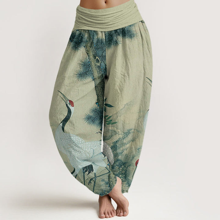 Pantalon harem décontracté en coton à motif de grue à couronne rouge et de pin de montagne, taille élastique, pour femme - Vert foncé - US22，UK/AU26，EU54 (6XL) - image 4