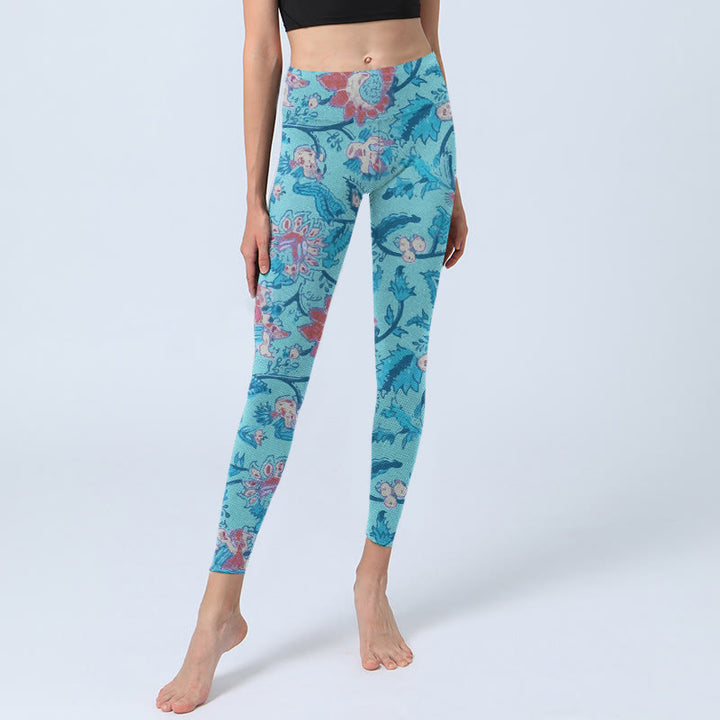 Leggings de sport à imprimé Buddha Stones Bleu Rouge Fleurs Feuilles Pantalon de yoga pour femme - image 6