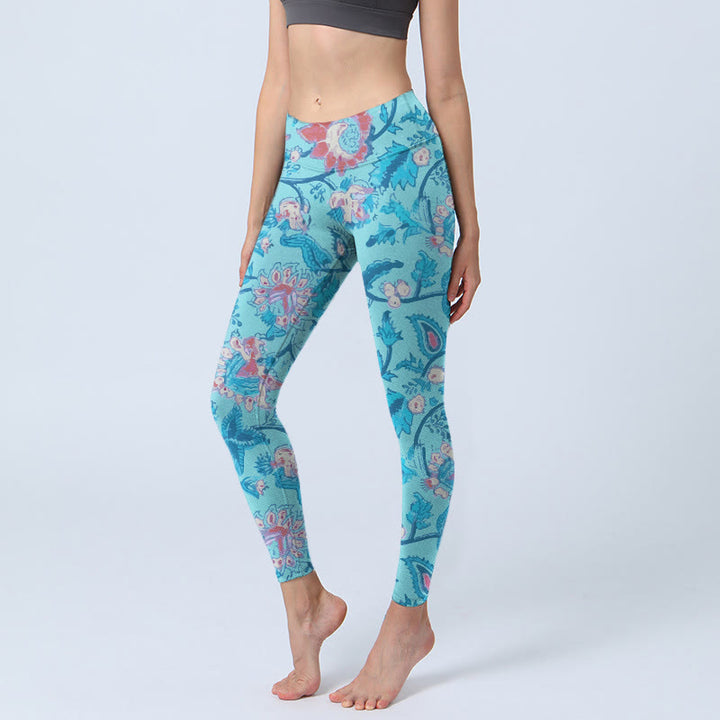 Leggings de sport à imprimé Buddha Stones Bleu Rouge Fleurs Feuilles Pantalon de yoga pour femme - Bleu ciel - US18，UK/AU22，EU50 (4XL) - image 0