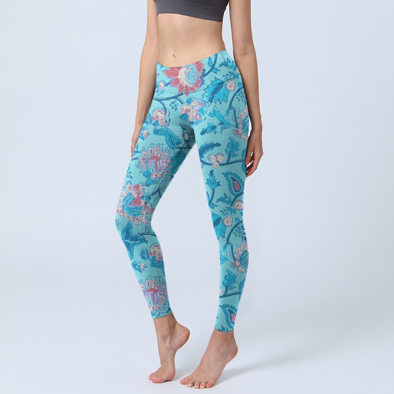 Leggings de sport à imprimé Buddha Stones Bleu Rouge Fleurs Feuilles Pantalon de yoga pour femme - Bleu ciel - US18，UK/AU22，EU50 (4XL) - image 1