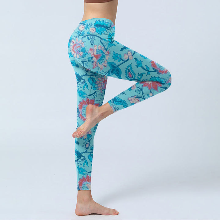 Leggings de sport à imprimé Buddha Stones Bleu Rouge Fleurs Feuilles Pantalon de yoga pour femme - image 3