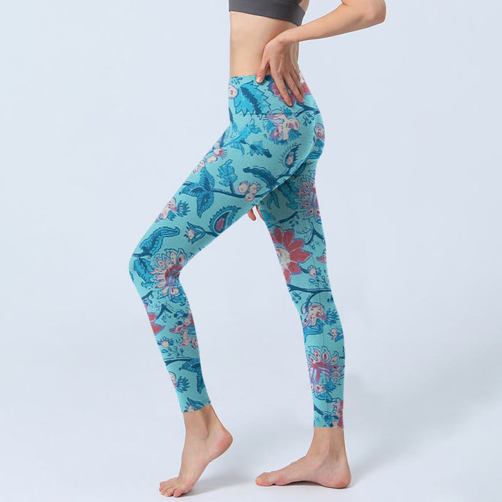 Leggings de sport à imprimé Buddha Stones Bleu Rouge Fleurs Feuilles Pantalon de yoga pour femme - image 3