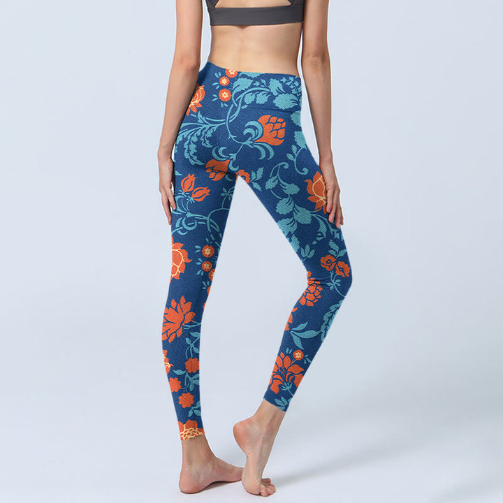 Leggings de sport imprimé Buddha Stones bleu acier rouge tulipes fleurs feuilles pantalons de yoga pour femmes - image 5