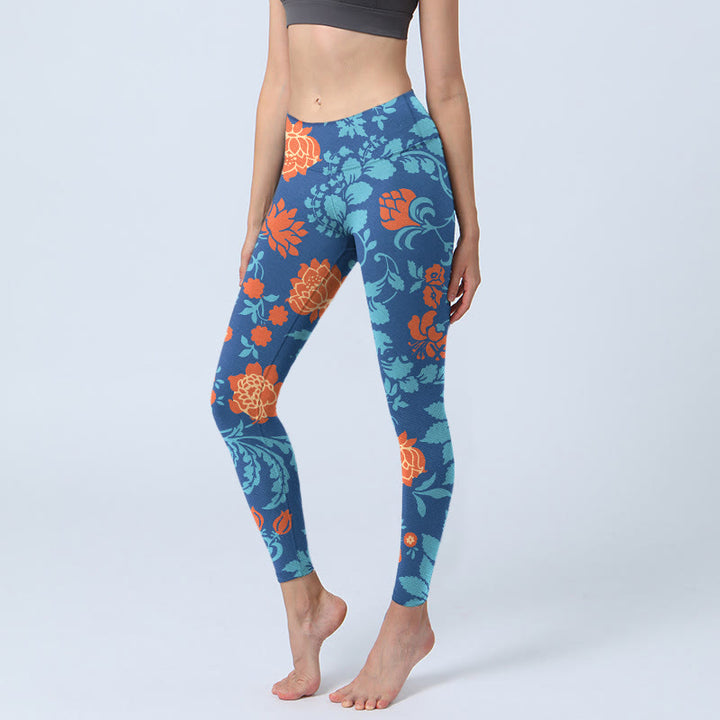 Leggings de sport imprimé Buddha Stones bleu acier rouge tulipes fleurs feuilles pantalons de yoga pour femmes - SteelBlue - US18，UK/AU22，EU50 (4XL) - image 0