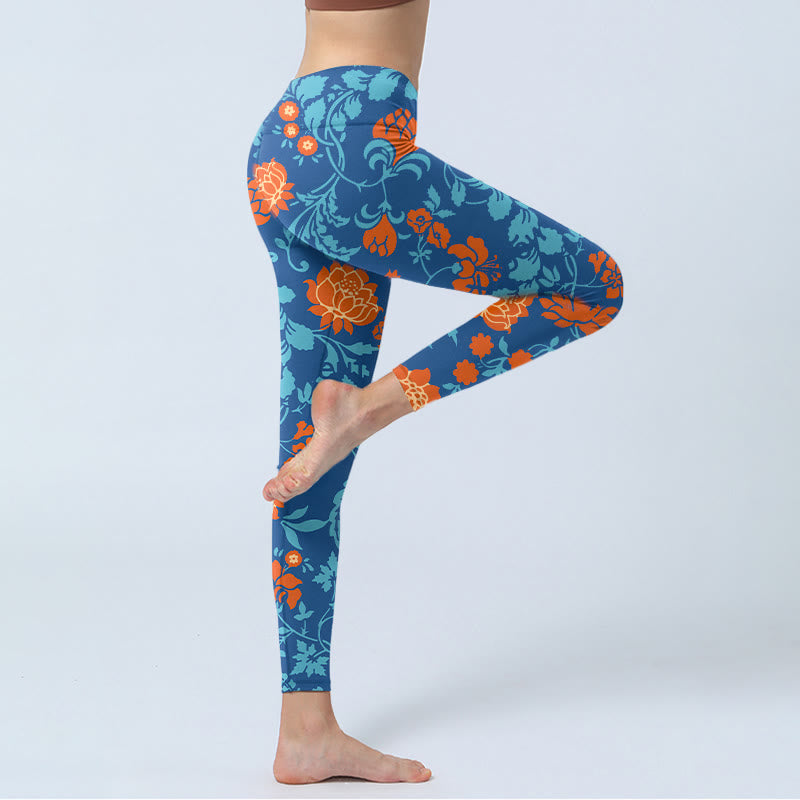 Leggings de sport imprimé Buddha Stones bleu acier rouge tulipes fleurs feuilles pantalons de yoga pour femmes - image 3
