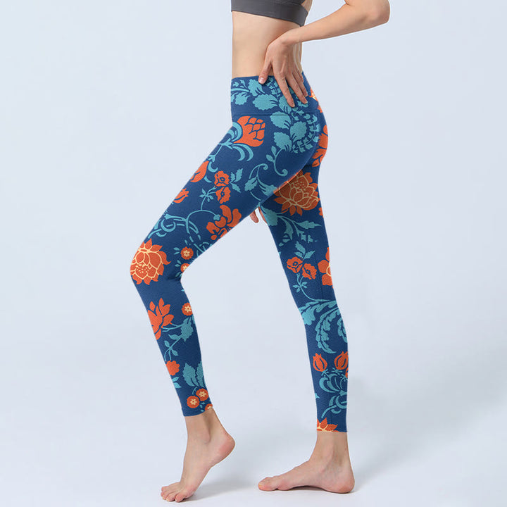 Leggings de sport imprimé Buddha Stones bleu acier rouge tulipes fleurs feuilles pantalons de yoga pour femmes - image 3