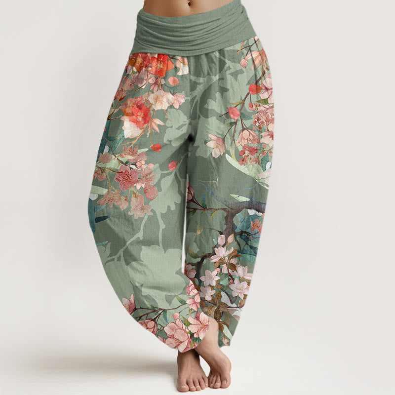 Pantalon harem à taille élastique pour femme, en coton rouge et rose, orné de Buddha Stones et de fleurs épanouies et de branches luxuriantes. - Vert foncé - US22，UK/AU26，EU54 (6XL) - image 0