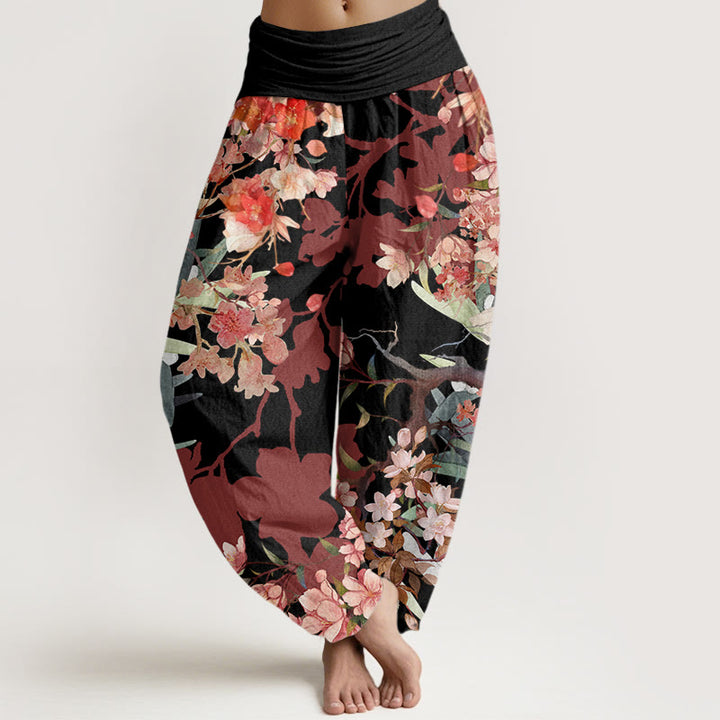 Pantalon harem à taille élastique pour femme, en coton rouge et rose, orné de Buddha Stones et de fleurs épanouies et de branches luxuriantes. - Noir - US22，UK/AU26，EU54 (6XL) - image 4