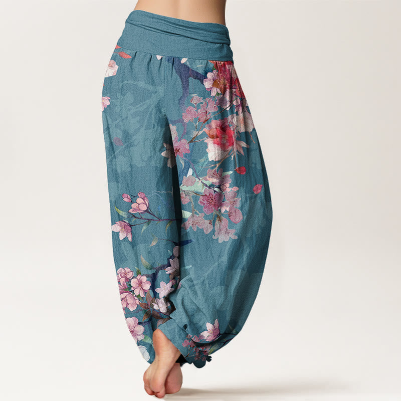 Pantalon harem à taille élastique pour femme, en coton rouge et rose, orné de Buddha Stones et de fleurs épanouies et de branches luxuriantes. - image 9