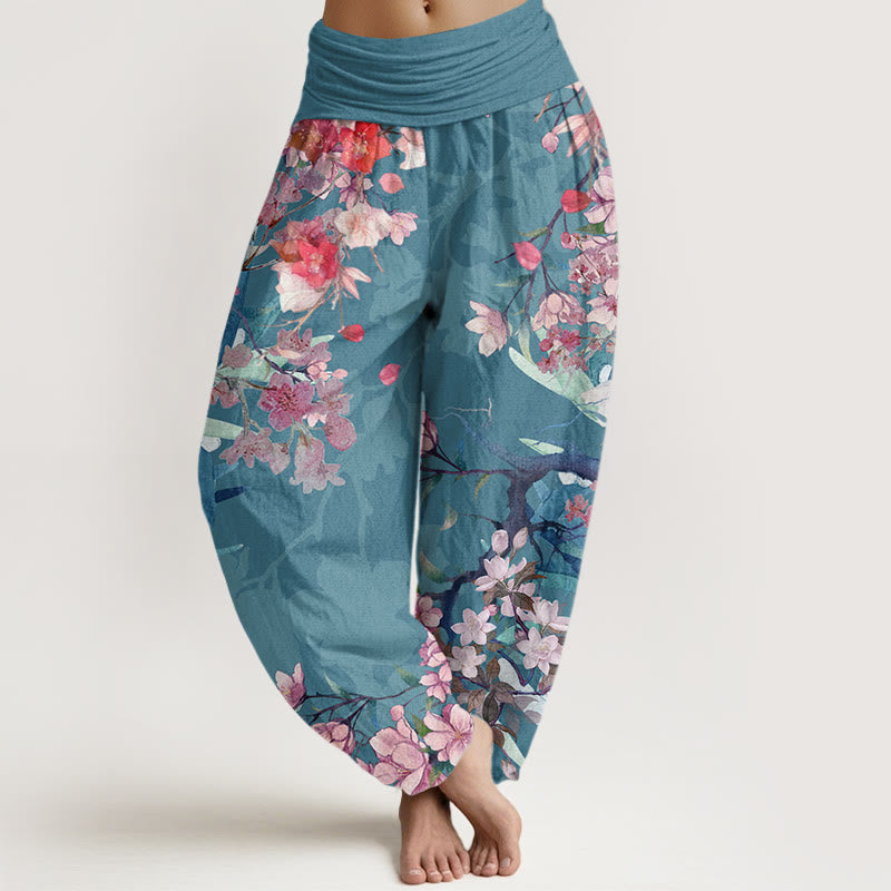 Pantalon harem à taille élastique pour femme, en coton rouge et rose, orné de Buddha Stones et de fleurs épanouies et de branches luxuriantes. - DarkCyan - US22，UK/AU26，EU54 (6XL) - image 7