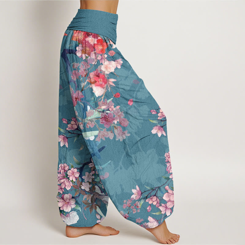 Pantalon harem à taille élastique pour femme, en coton rouge et rose, orné de Buddha Stones et de fleurs épanouies et de branches luxuriantes. - image 8
