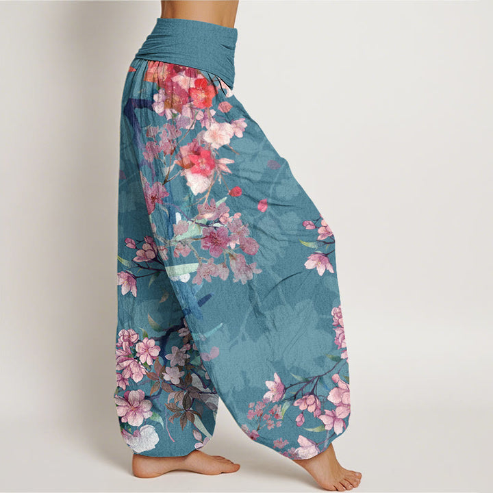 Pantalon harem à taille élastique pour femme, en coton rouge et rose, orné de Buddha Stones et de fleurs épanouies et de branches luxuriantes. - image 8