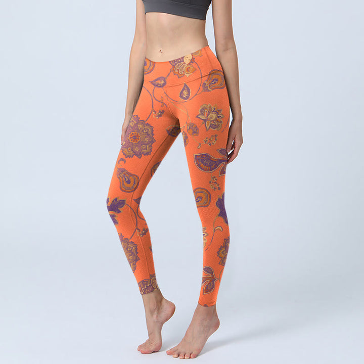Leggings de sport à imprimé feuilles d'érable orange Buddha Stones Pantalon de yoga pour femme - Corail - US18，UK/AU22，EU50 (4XL) - image 0