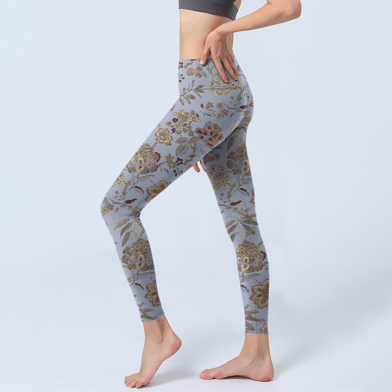 Leggings de sport à imprimé Buddha Stones Gris Vert Feuilles Fleurs Pantalon de yoga pour femme - image 3