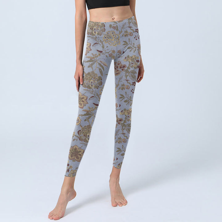 Leggings de sport à imprimé Buddha Stones Gris Vert Feuilles Fleurs Pantalon de yoga pour femme - image 6