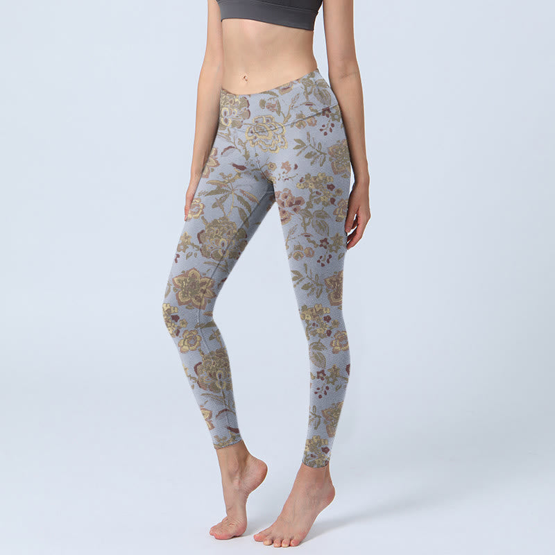 Leggings de sport à imprimé Buddha Stones Gris Vert Feuilles Fleurs Pantalon de yoga pour femme - Bleu acier clair - US18，UK/AU22，EU50 (4XL) - image 1