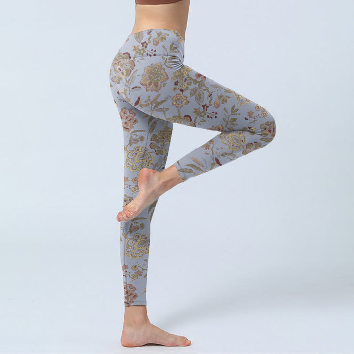 Leggings de sport à imprimé Buddha Stones Gris Vert Feuilles Fleurs Pantalon de yoga pour femme - image 3