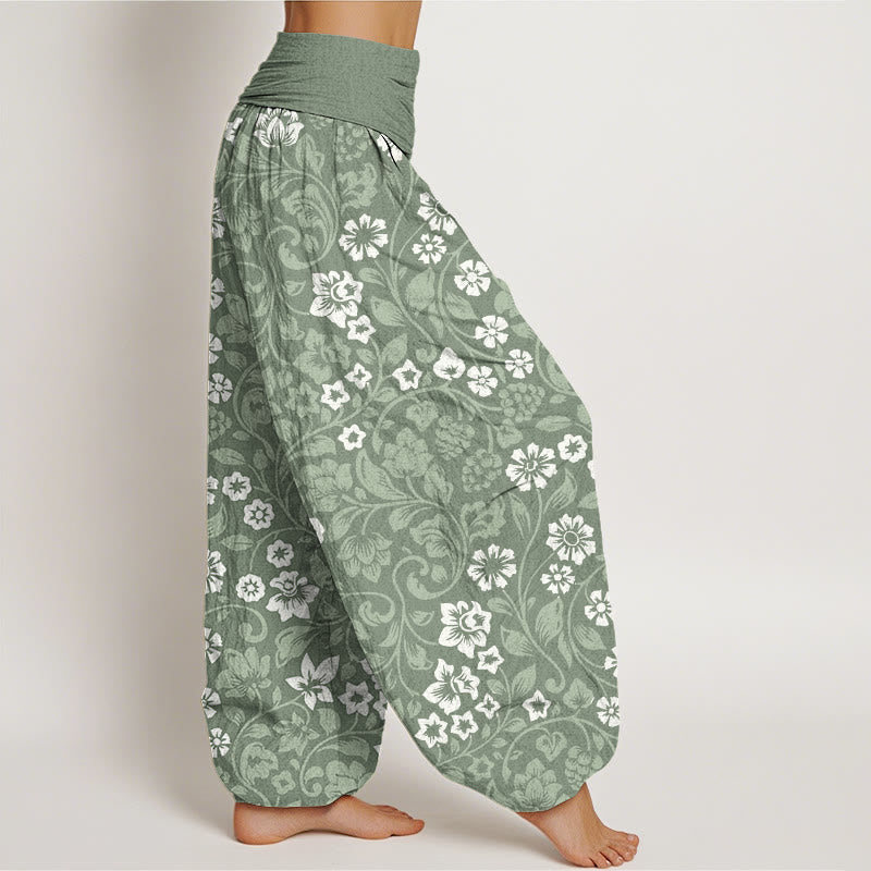 Pantalon sarouel à taille élastique pour femme avec petites fleurs et branches entrelacées et Buddha Stones - image 1