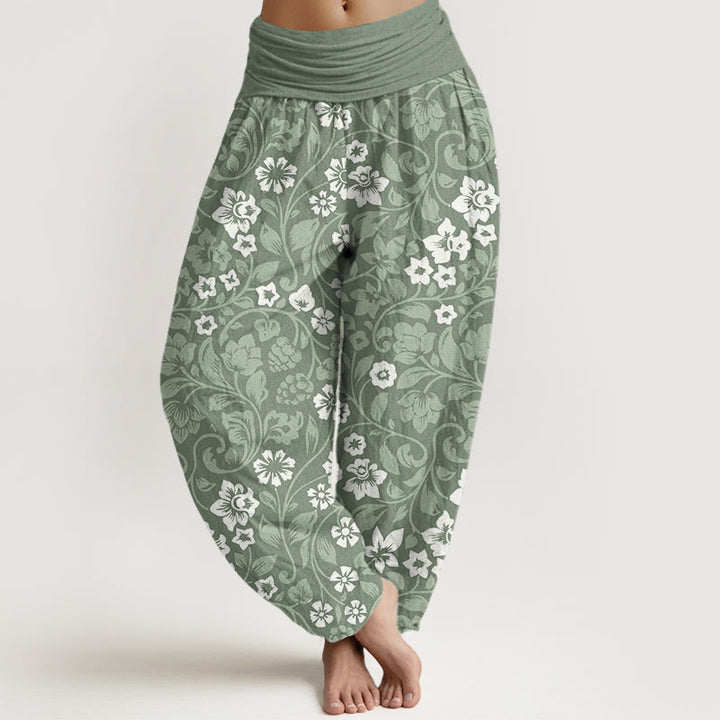 Pantalon sarouel à taille élastique pour femme avec petites fleurs et branches entrelacées et Buddha Stones - Vert foncé - US22，UK/AU26，EU54 (6XL) - image 1