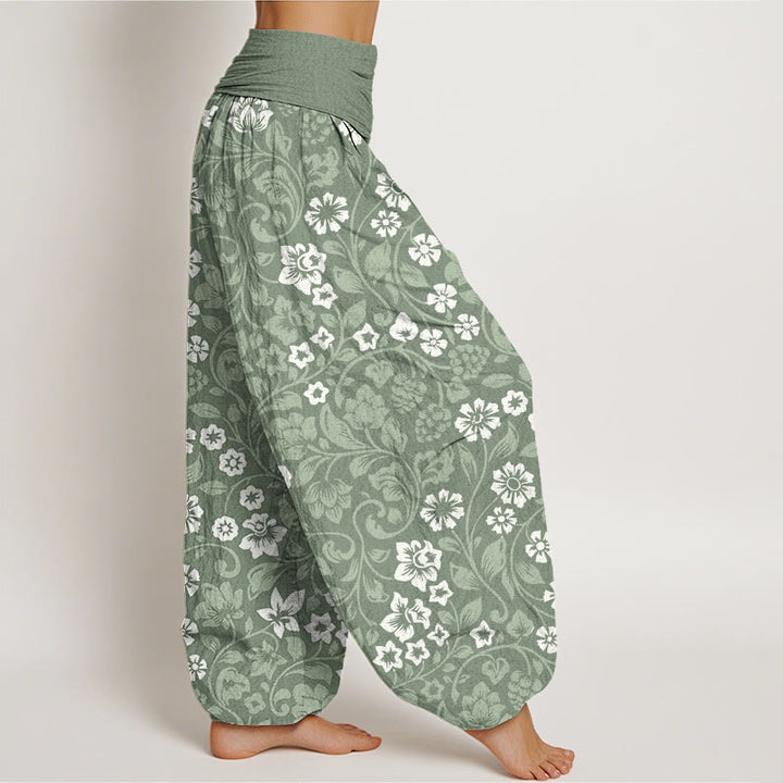 Pantalon harem à taille élastique pour femme, orné de Buddha Stones , de petites fleurs en coton et de branches entrelacées - image 1
