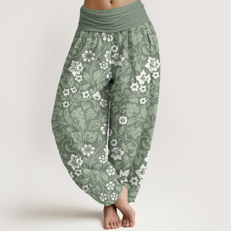 Pantalon harem à taille élastique pour femme, orné de Buddha Stones , de petites fleurs en coton et de branches entrelacées - Vert foncé - US22，UK/AU26，EU54 (6XL) - image 0