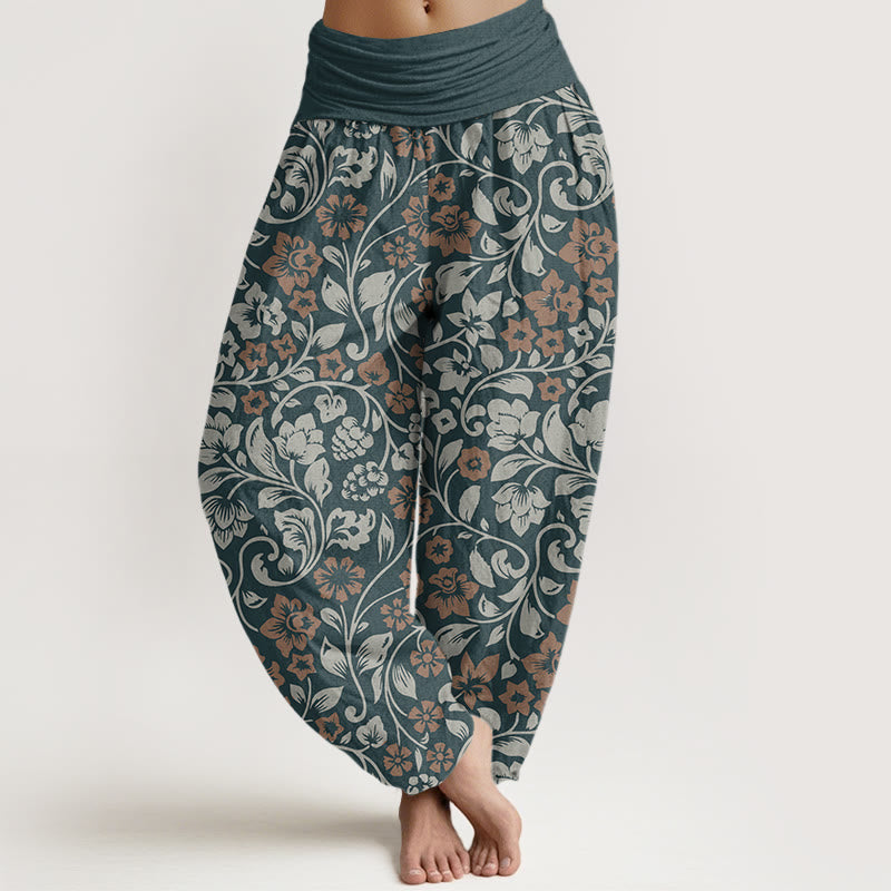 Pantalon sarouel à taille élastique pour femme avec petites fleurs et branches entrelacées et Buddha Stones - Sarcelle - US22，UK/AU26，EU54 (6XL) - image 4