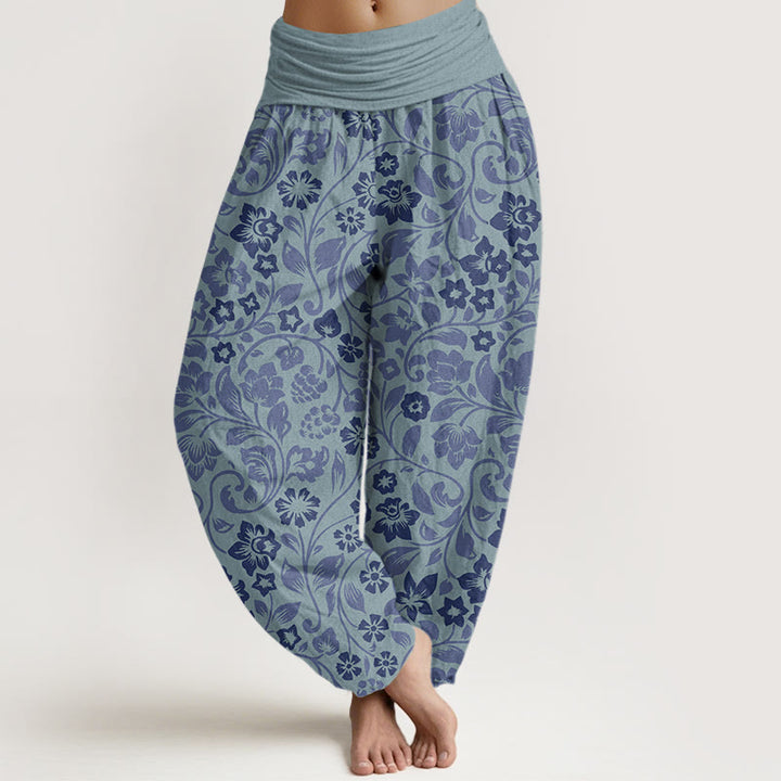 Pantalon sarouel à taille élastique pour femme avec petites fleurs et branches entrelacées et Buddha Stones - Bleu acier - US22，UK/AU26，EU54 (6XL) - image 8