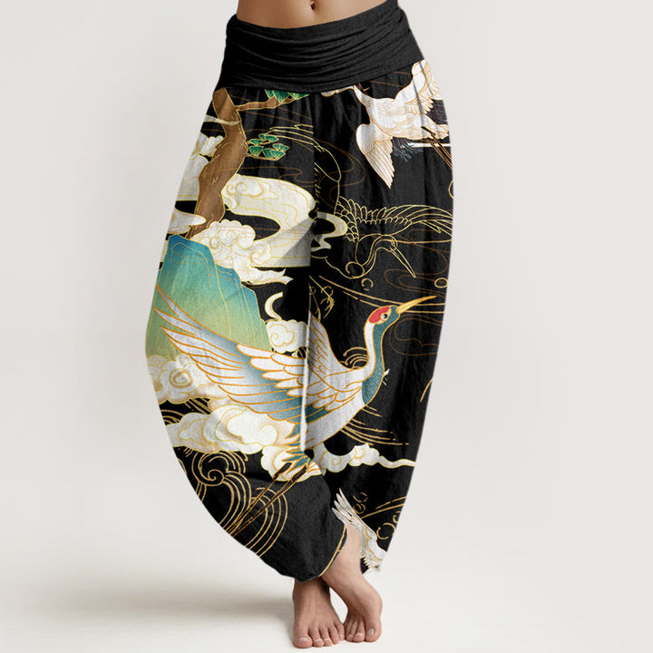 Pantalon harem à taille élastique pour femme, orné de Buddha Stones , de grues volantes en coton et de nuages ​​de bon augure. - Noir - US22，UK/AU26，EU54 (6XL) - image 0
