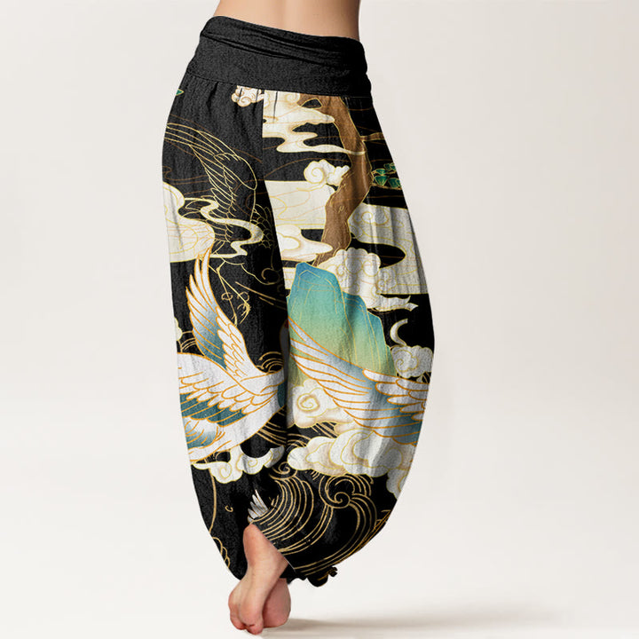 Pantalon harem à taille élastique pour femme, orné de Buddha Stones , de grues volantes en coton et de nuages ​​de bon augure. - image 2