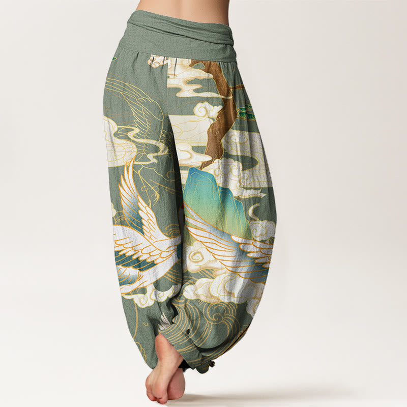 Pantalon harem à taille élastique pour femme, orné de Buddha Stones , de grues volantes en coton et de nuages ​​de bon augure. - image 6