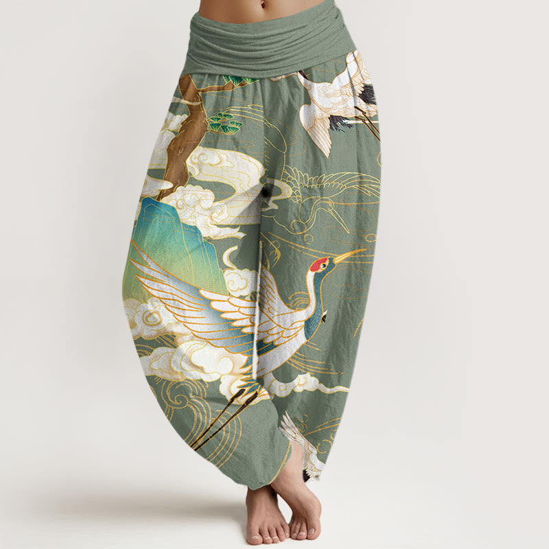 Pantalon harem à taille élastique pour femme, orné de Buddha Stones , de grues volantes en coton et de nuages ​​de bon augure. - Vert foncé - US22，UK/AU26，EU54 (6XL) - image 4